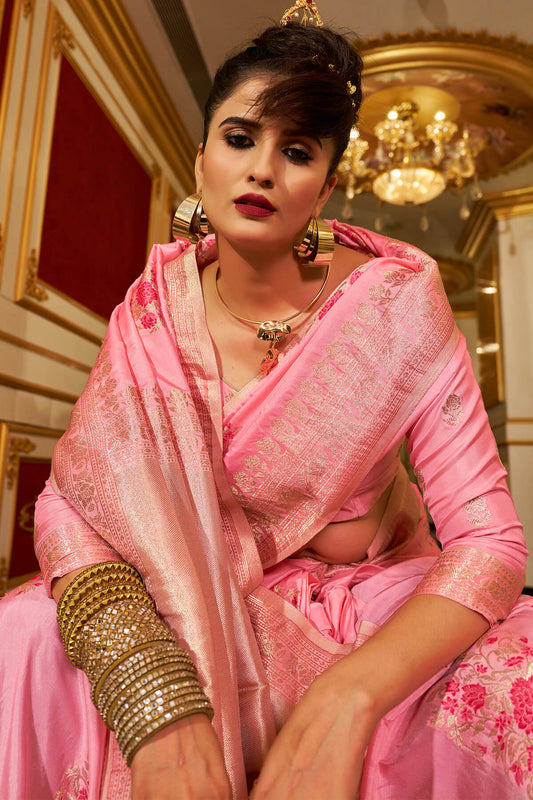 Smashing Pink Pure Zari Weaving Banarasi Silk Saree With Demanding Blouse Piece