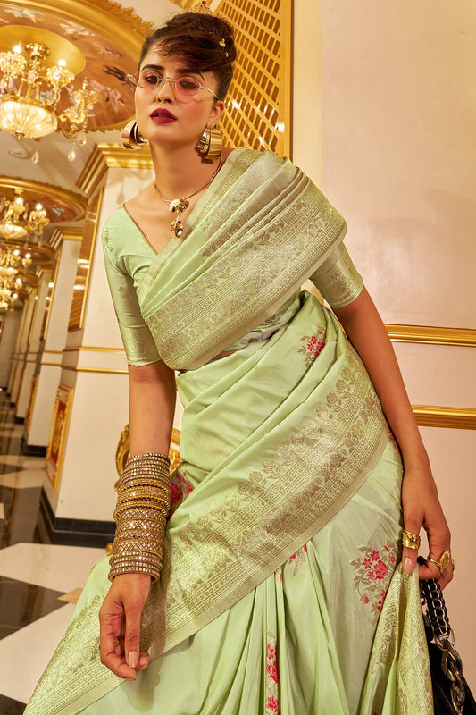 Classy Pista Pure Zari Weaving Banarasi Silk Saree With Arresting Blouse Piece
