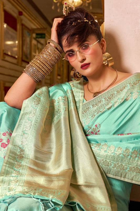 Classic Sea Green Pure Zari Weaving Banarasi Silk Saree With Panoply Blouse Piece