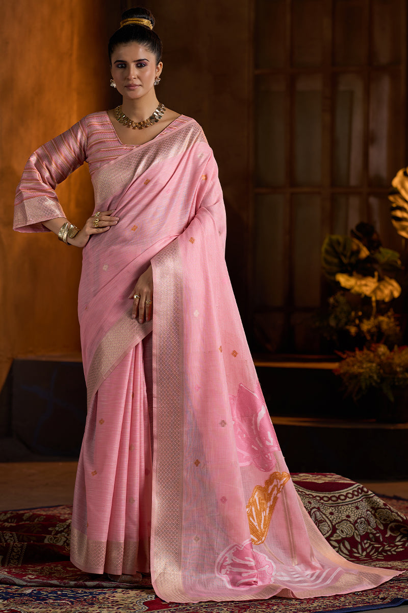 Marvellous Baby Pink Cotton Silk Saree With Entrancing Blouse Piece