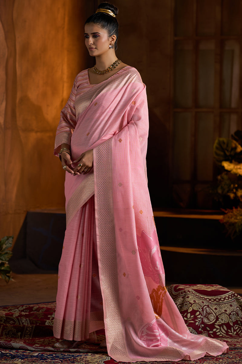 Marvellous Baby Pink Cotton Silk Saree With Entrancing Blouse Piece