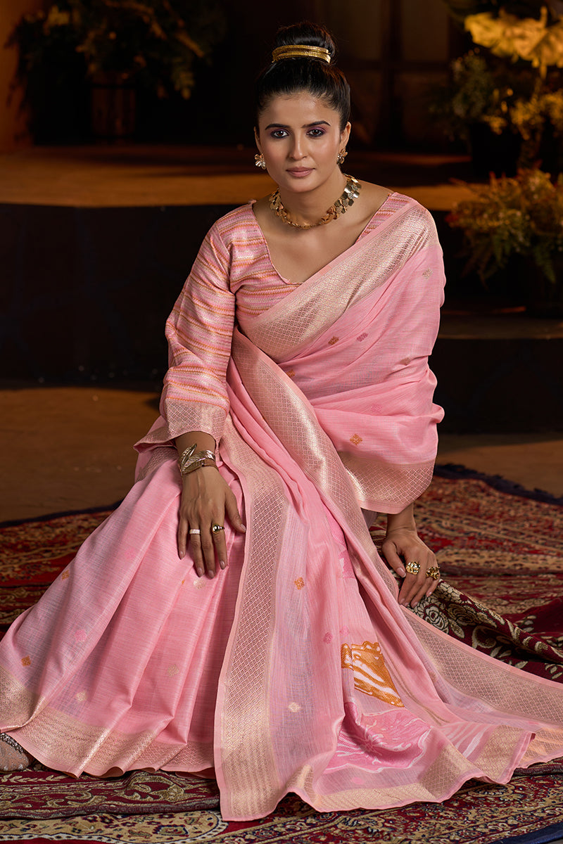Marvellous Baby Pink Cotton Silk Saree With Entrancing Blouse Piece