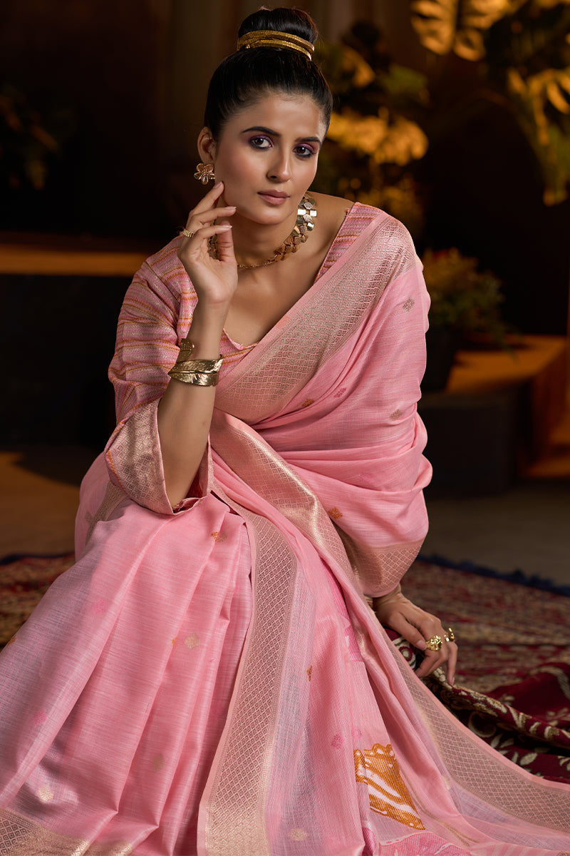 Marvellous Baby Pink Cotton Silk Saree With Entrancing Blouse Piece