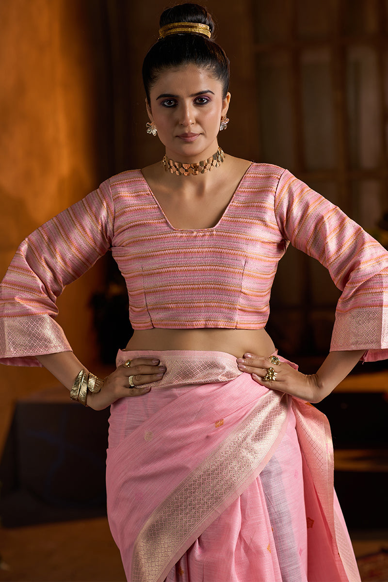 Marvellous Baby Pink Cotton Silk Saree With Entrancing Blouse Piece