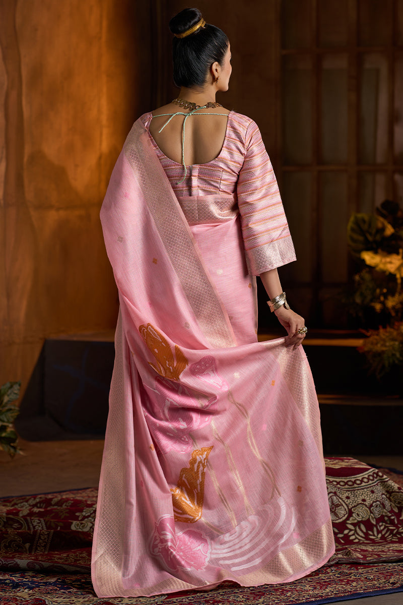 Marvellous Baby Pink Cotton Silk Saree With Entrancing Blouse Piece