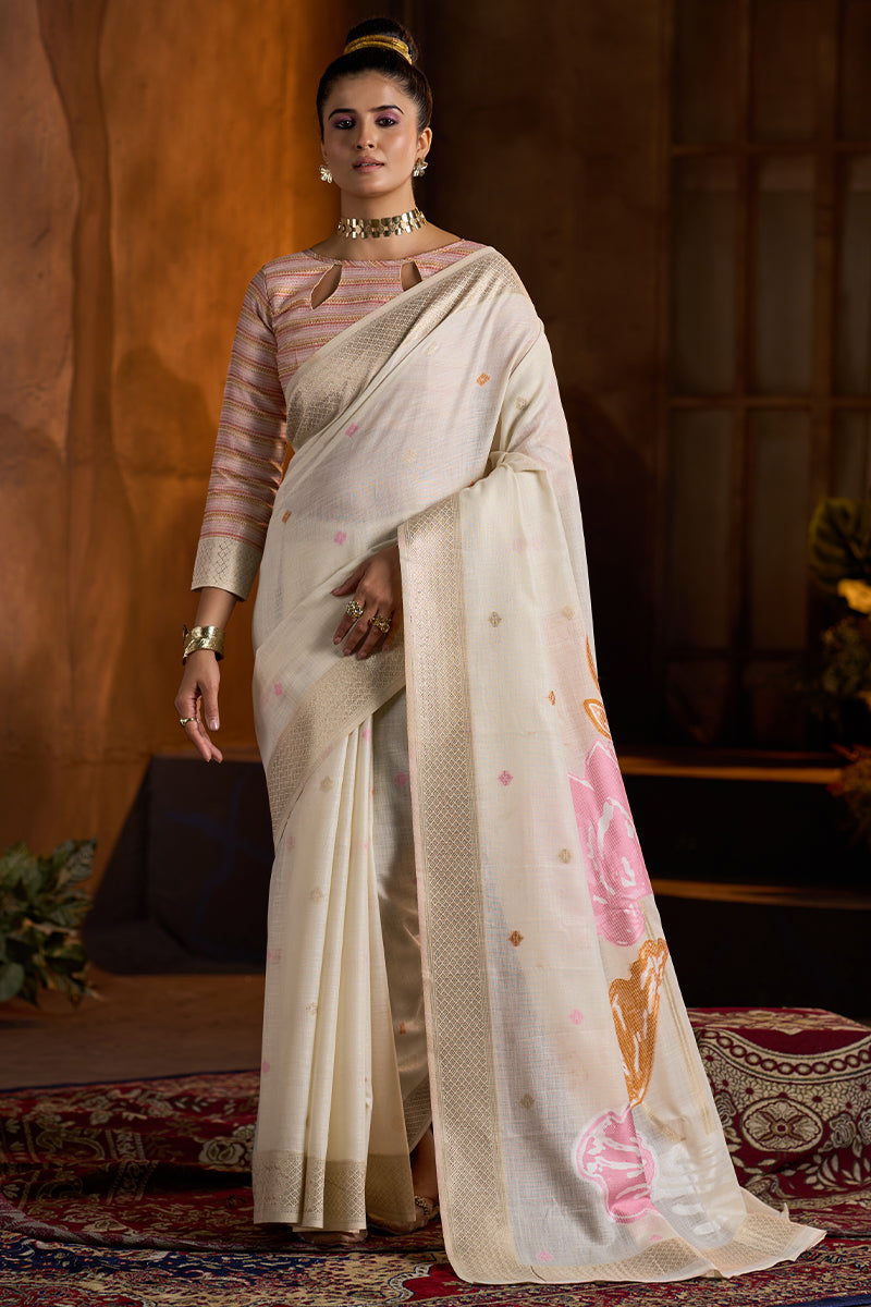 Demesne Beige Cotton Silk Saree With Engrossing Blouse Piece