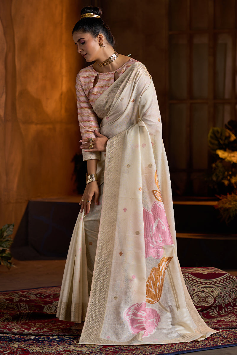 Demesne Beige Cotton Silk Saree With Engrossing Blouse Piece