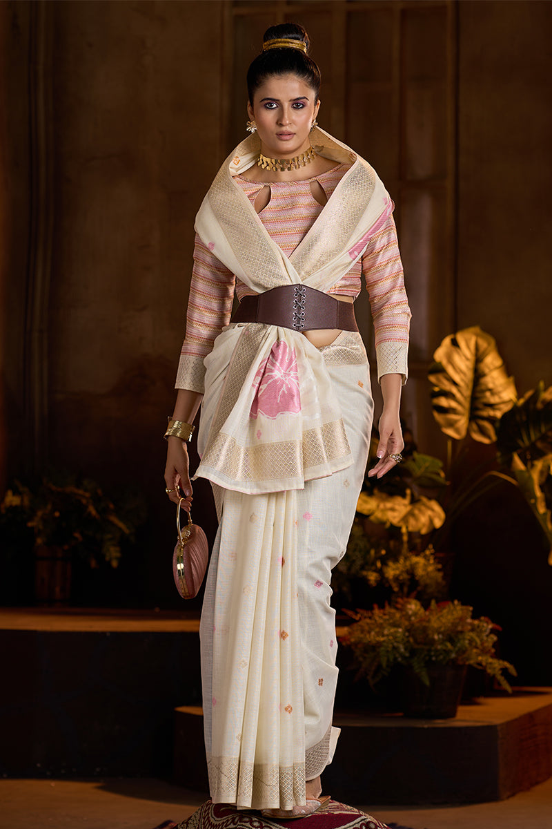 Demesne Beige Cotton Silk Saree With Engrossing Blouse Piece