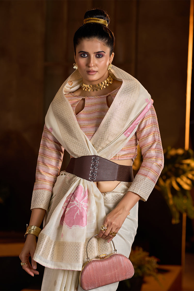 Demesne Beige Cotton Silk Saree With Engrossing Blouse Piece