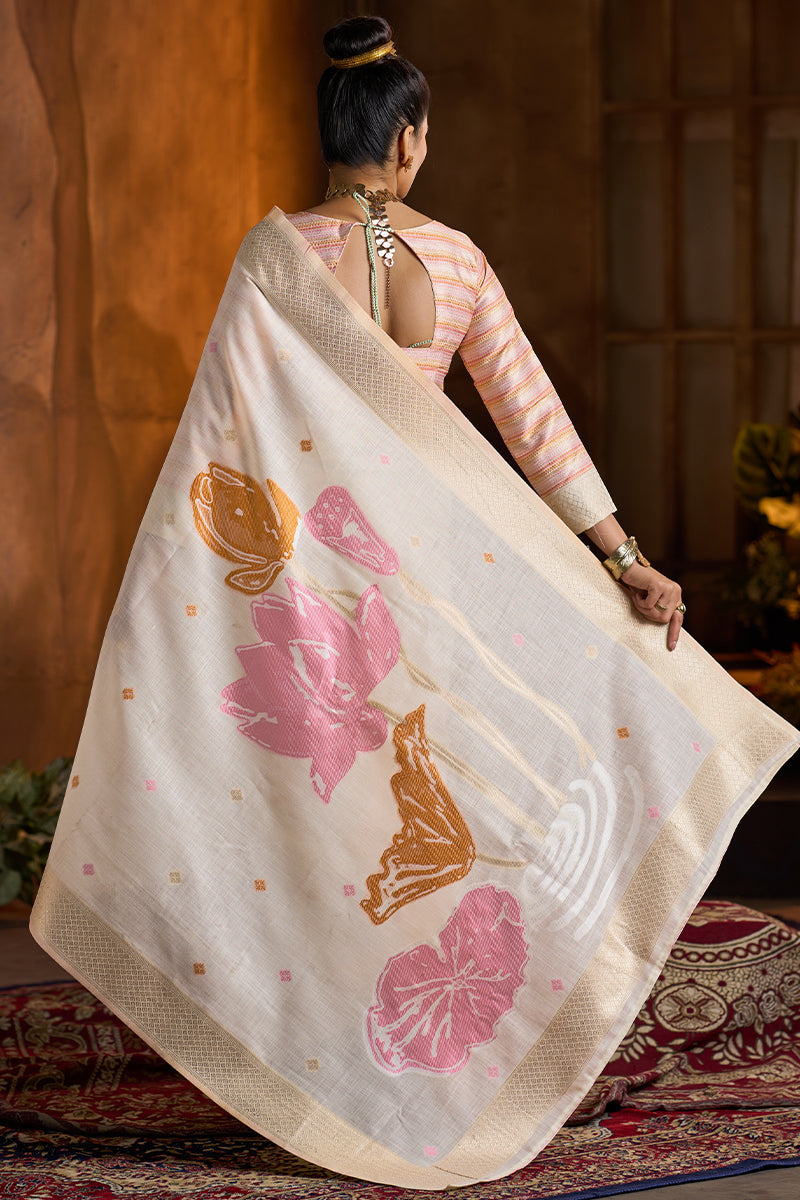 Demesne Beige Cotton Silk Saree With Engrossing Blouse Piece