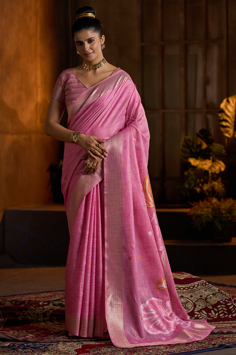 Opulent Dark Pink Cotton Silk Saree With Ornate Blouse Piece