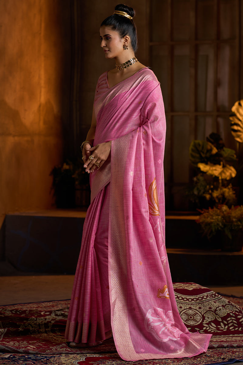 Opulent Dark Pink Cotton Silk Saree With Ornate Blouse Piece