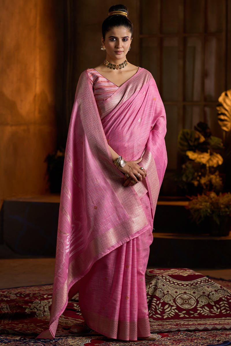 Opulent Dark Pink Cotton Silk Saree With Ornate Blouse Piece