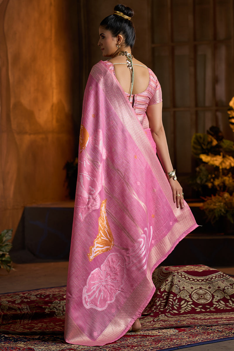 Opulent Dark Pink Cotton Silk Saree With Ornate Blouse Piece