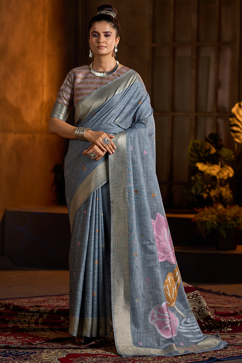 Surpassing Grey Cotton Silk Saree With Devastating Blouse Piece