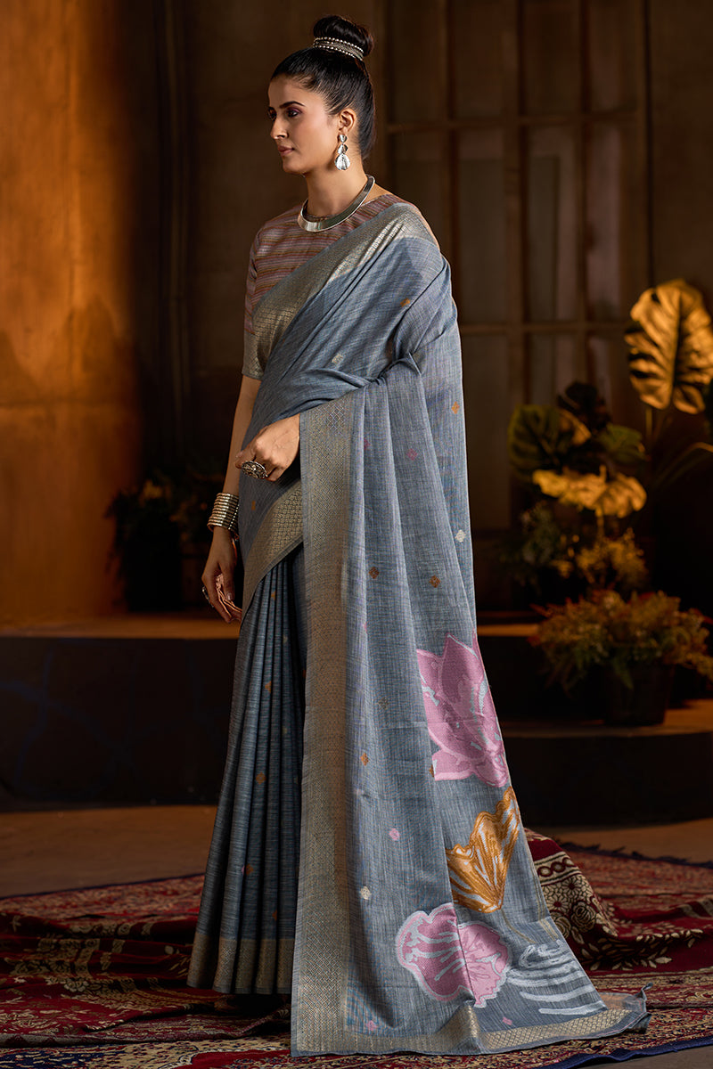 Surpassing Grey Cotton Silk Saree With Devastating Blouse Piece