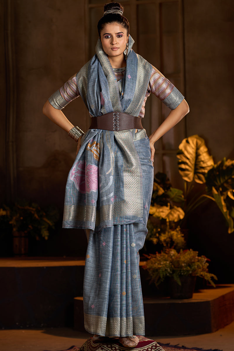 Surpassing Grey Cotton Silk Saree With Devastating Blouse Piece