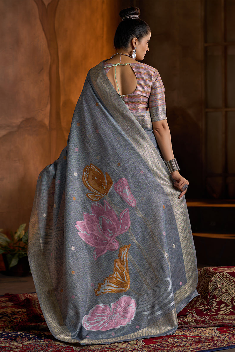 Surpassing Grey Cotton Silk Saree With Devastating Blouse Piece