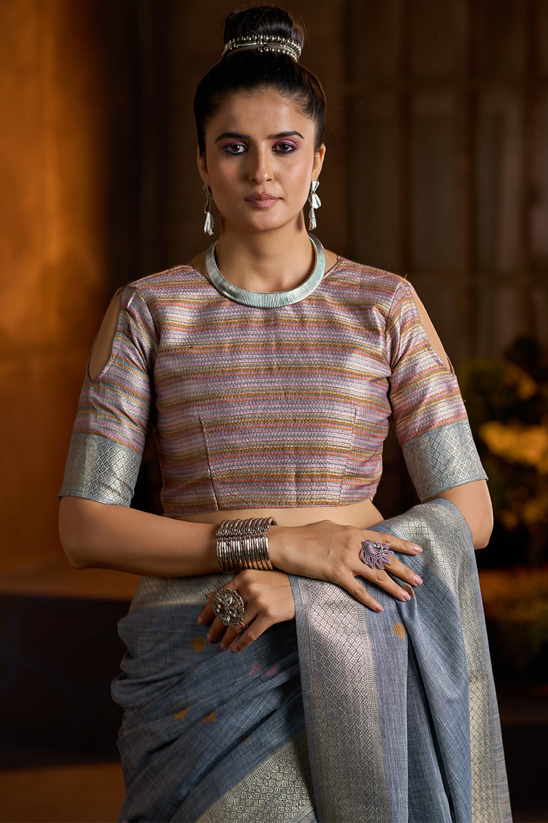 Surpassing Grey Cotton Silk Saree With Devastating Blouse Piece