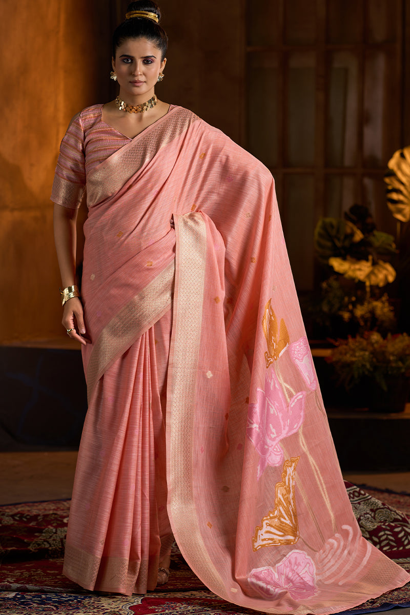 Whimsical Peach Cotton Silk Saree With Adorable Blouse Piece