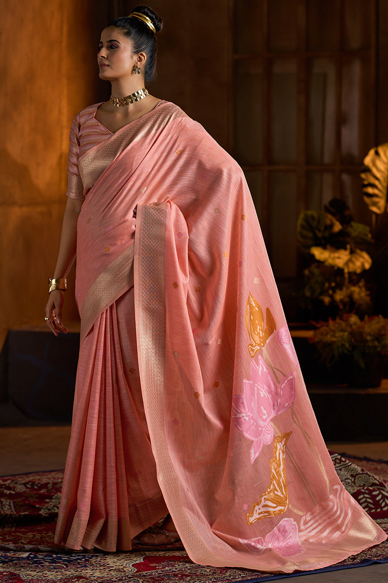 Whimsical Peach Cotton Silk Saree With Adorable Blouse Piece
