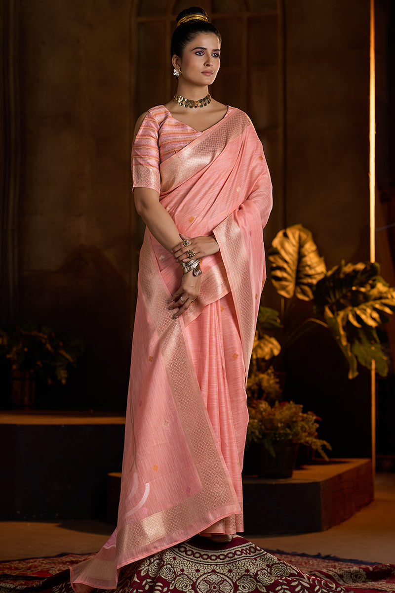 Whimsical Peach Cotton Silk Saree With Adorable Blouse Piece