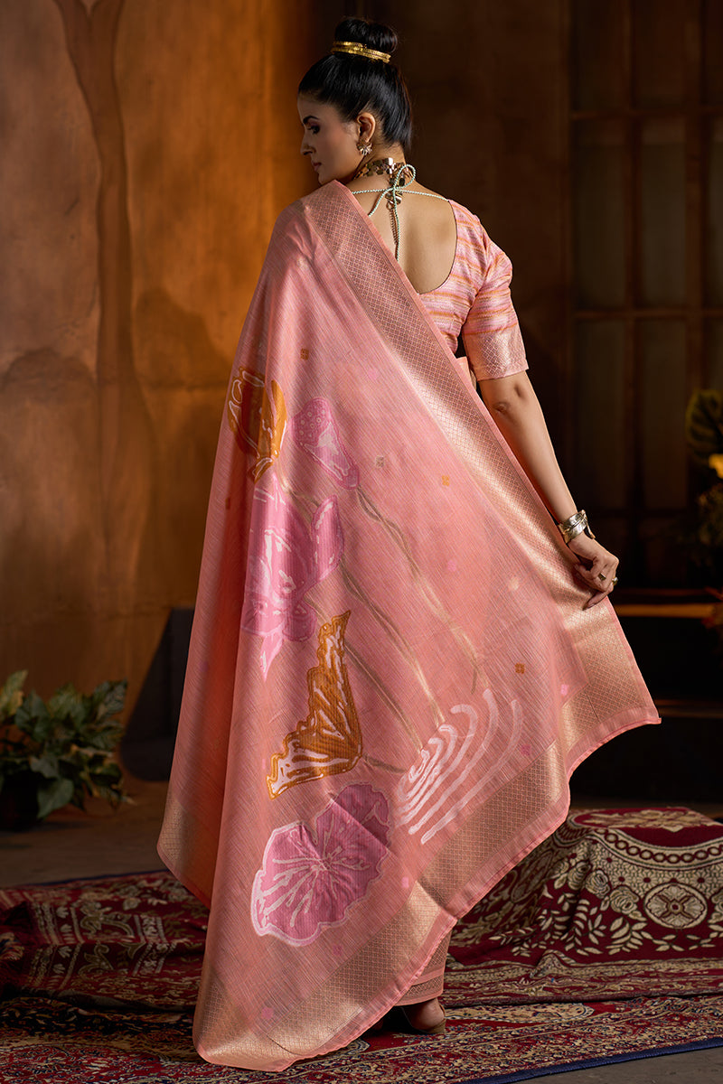 Whimsical Peach Cotton Silk Saree With Adorable Blouse Piece