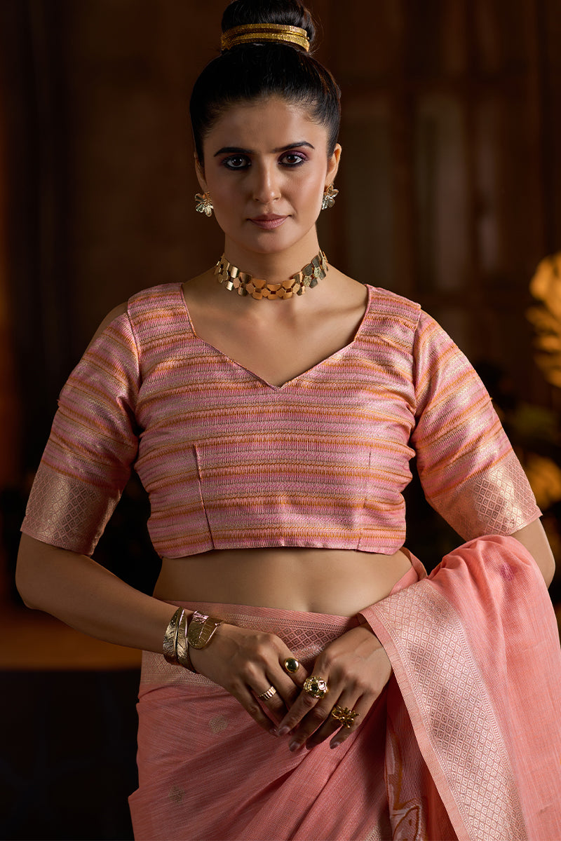 Whimsical Peach Cotton Silk Saree With Adorable Blouse Piece