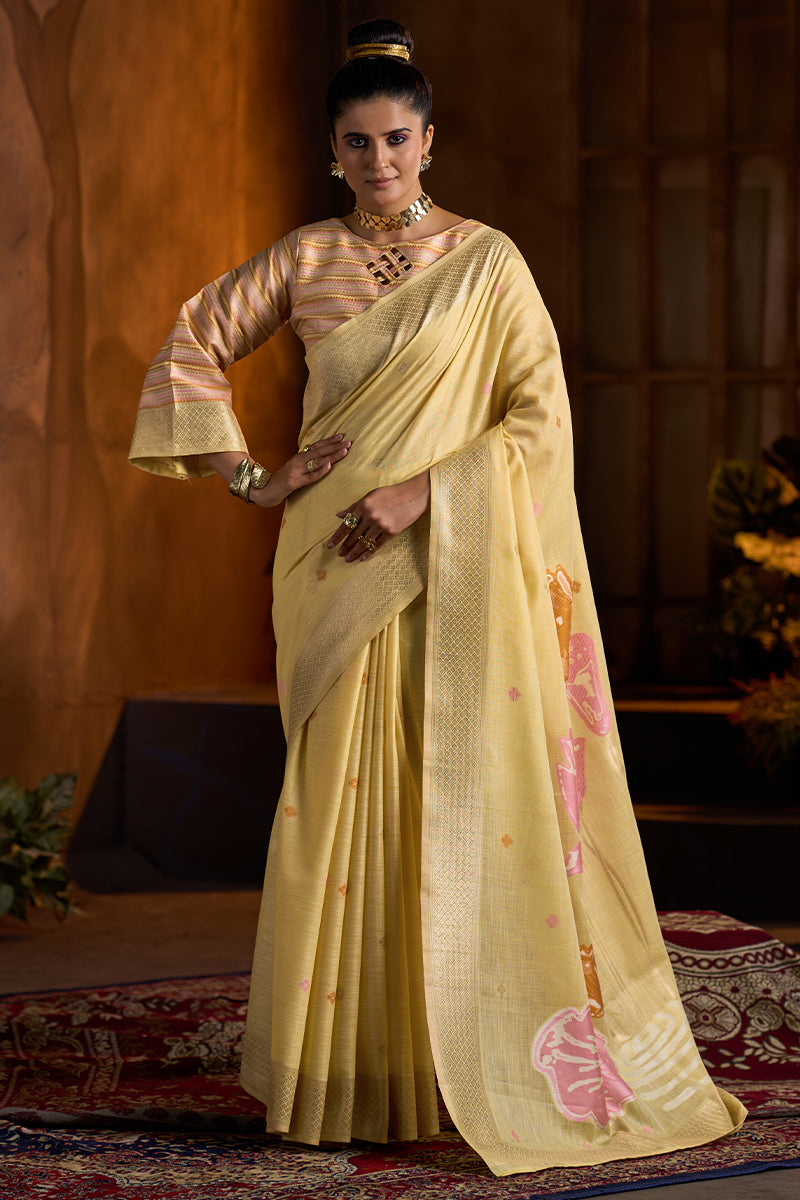 Groovy Yellow Cotton Silk Saree With Alluring Blouse Piece