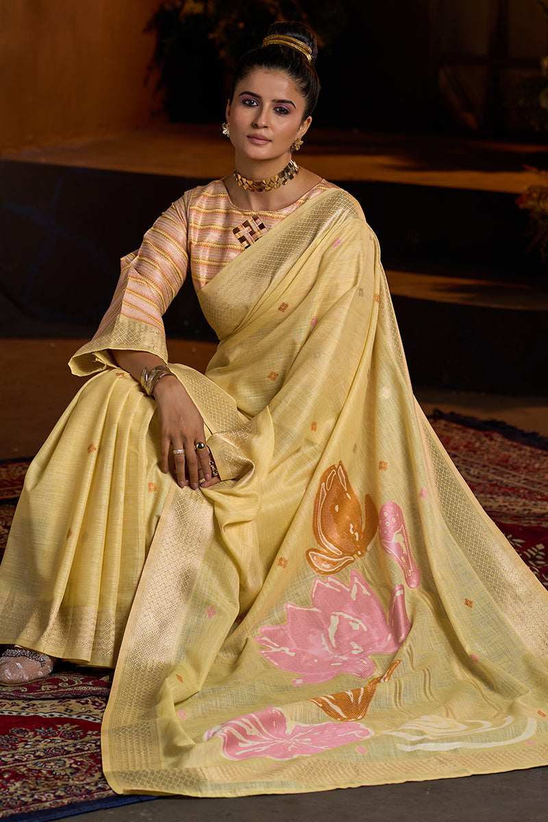 Groovy Yellow Cotton Silk Saree With Alluring Blouse Piece