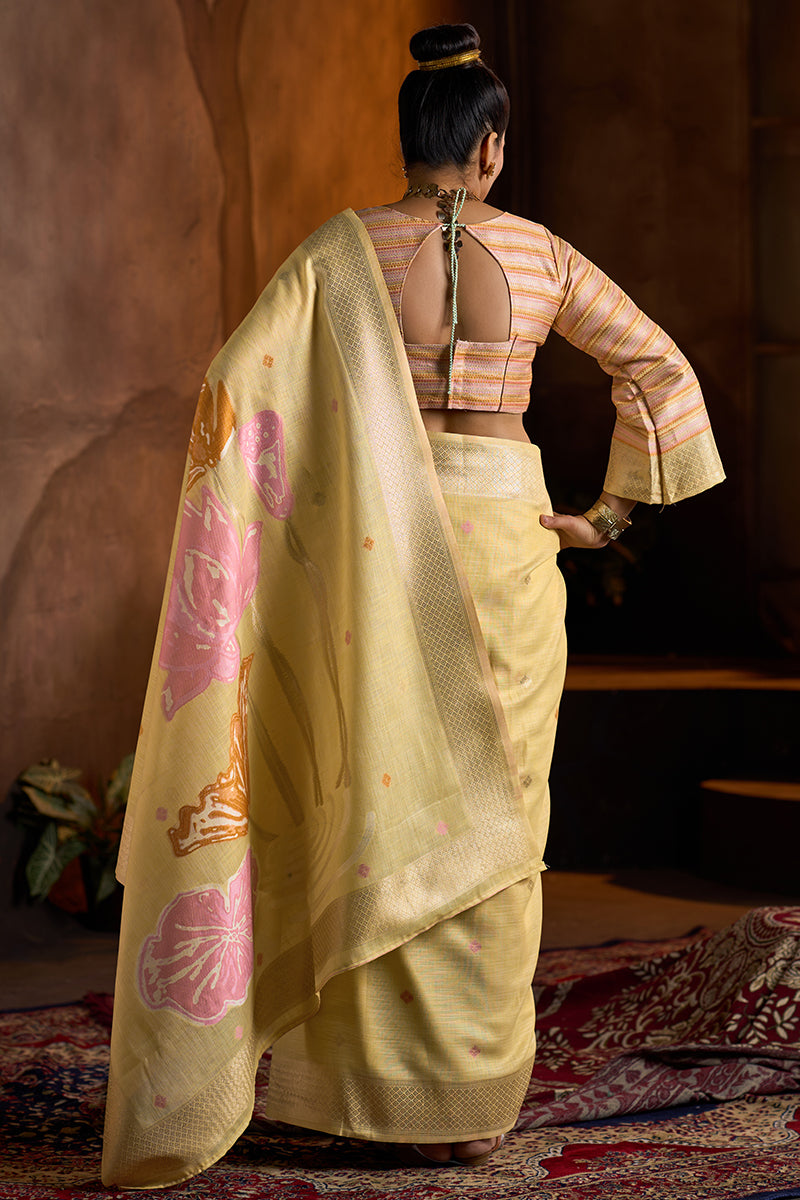 Groovy Yellow Cotton Silk Saree With Alluring Blouse Piece