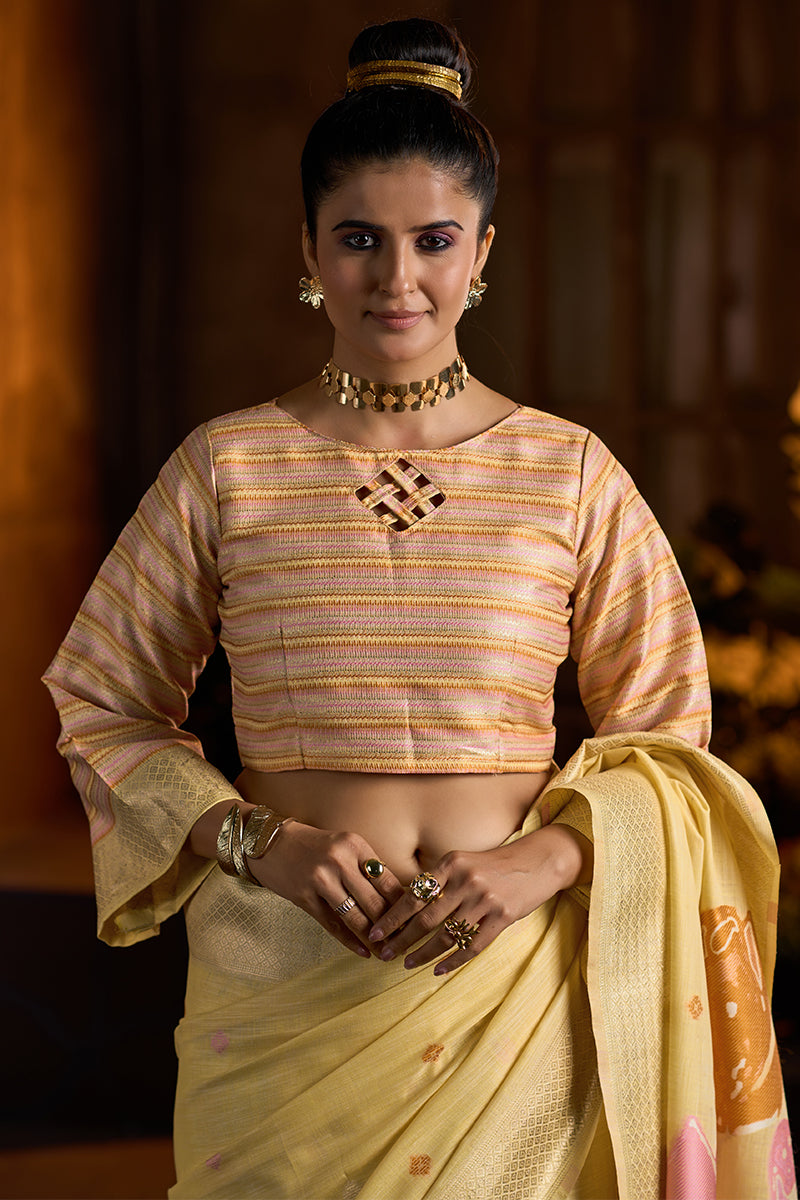 Groovy Yellow Cotton Silk Saree With Alluring Blouse Piece