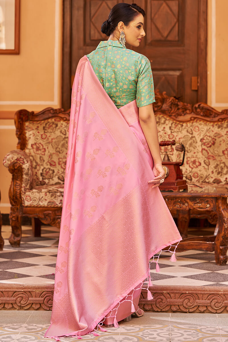 Blooming Baby Pink Banarasi Satin Silk Saree With Refreshing Blouse
