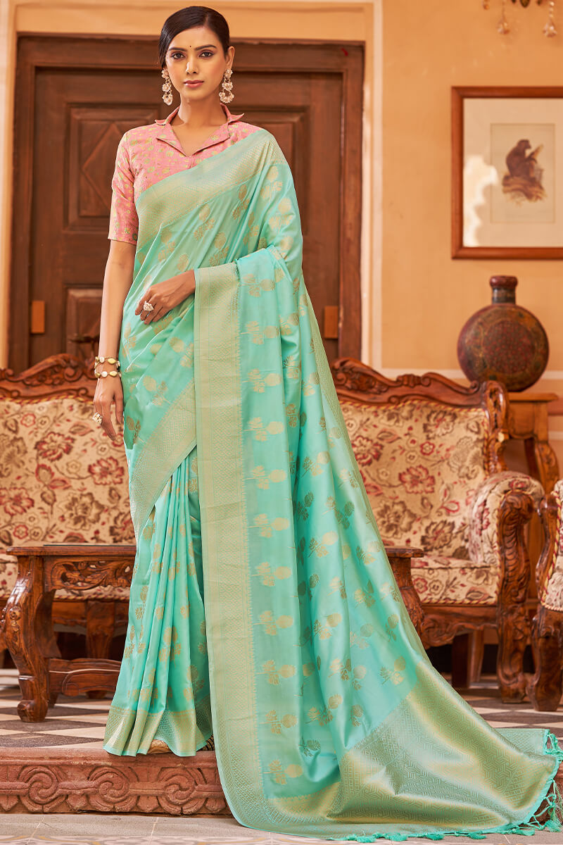 Demanding Turquoise Banarasi Satin Silk Saree With Lustrous Blouse