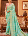 Demanding Turquoise Banarasi Satin Silk Saree With Lustrous Blouse