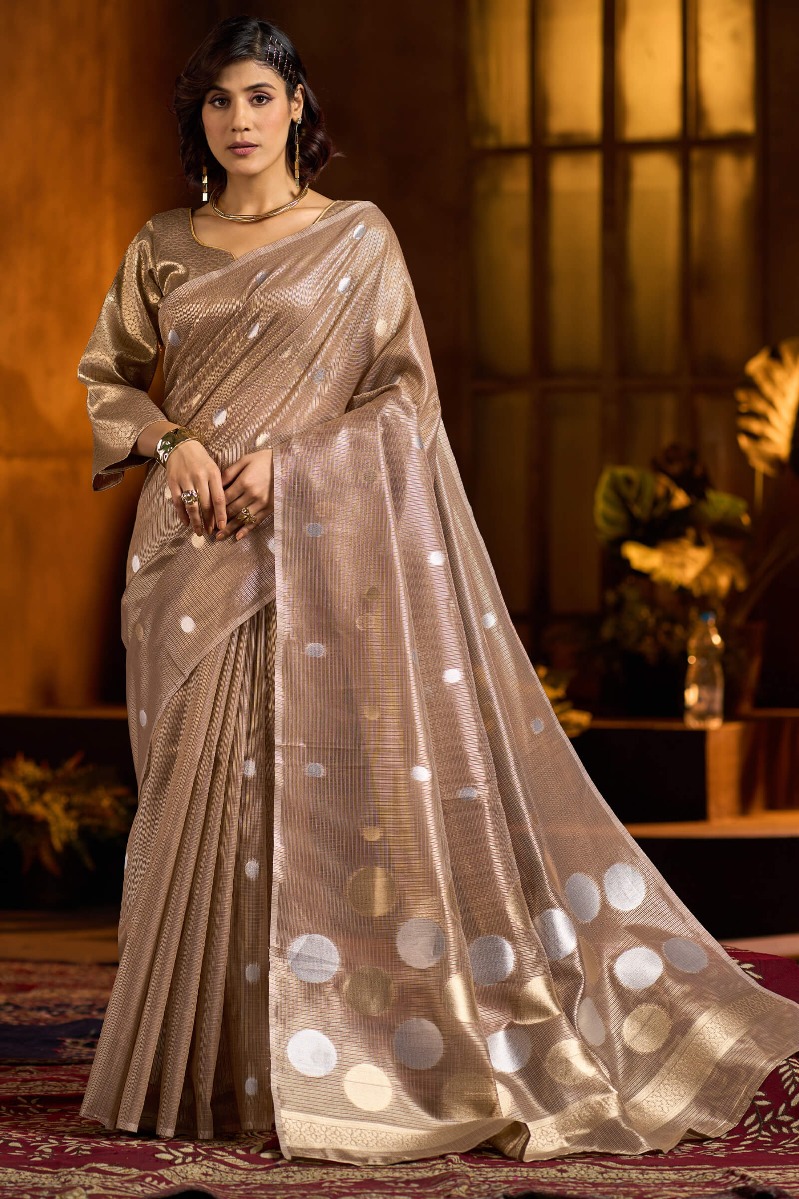 Ebullience Brown Soft Banarasi Tissue Silk Saree With Ravishing Blouse Piece