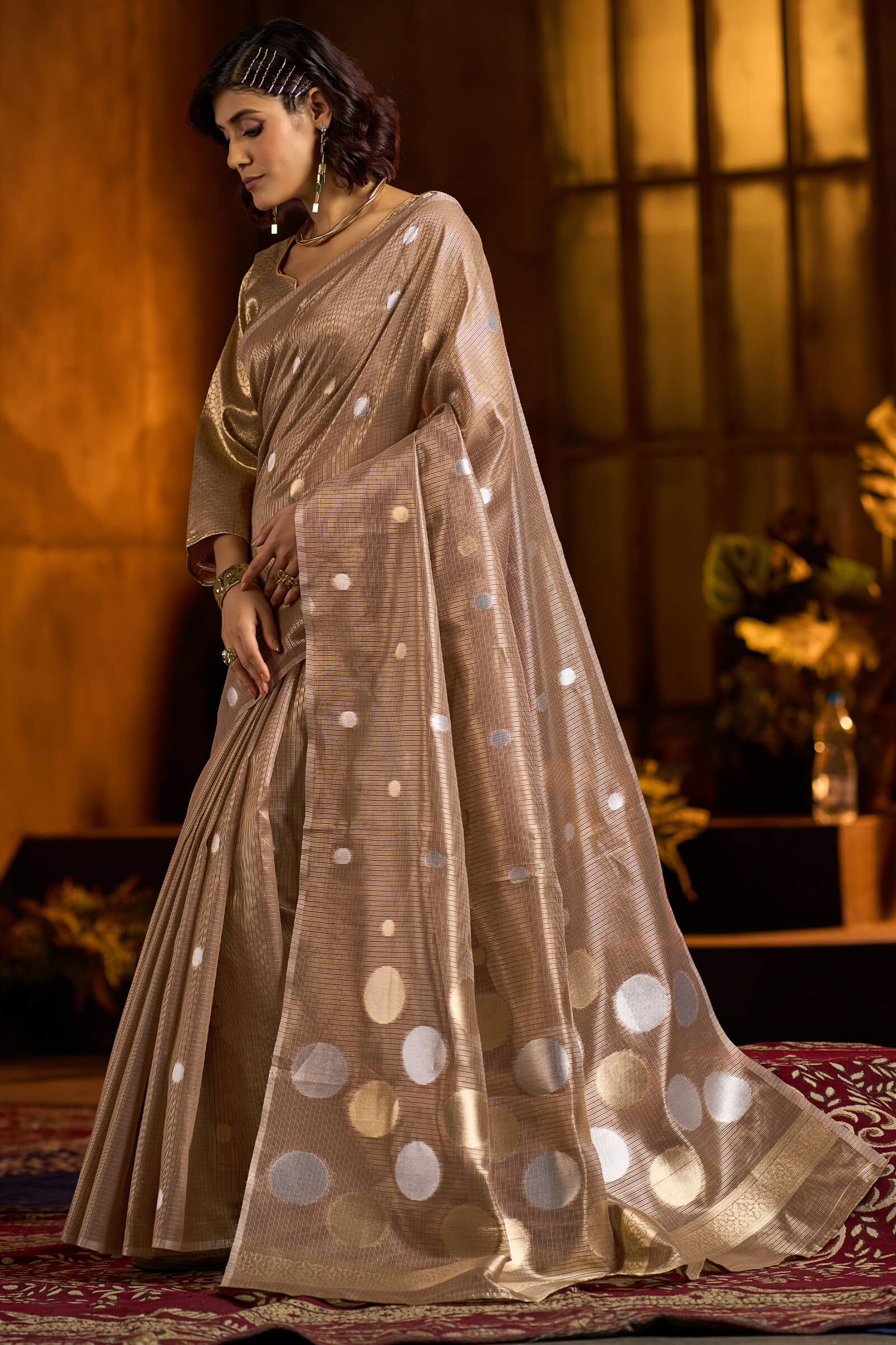 Ebullience Brown Soft Banarasi Tissue Silk Saree With Ravishing Blouse Piece