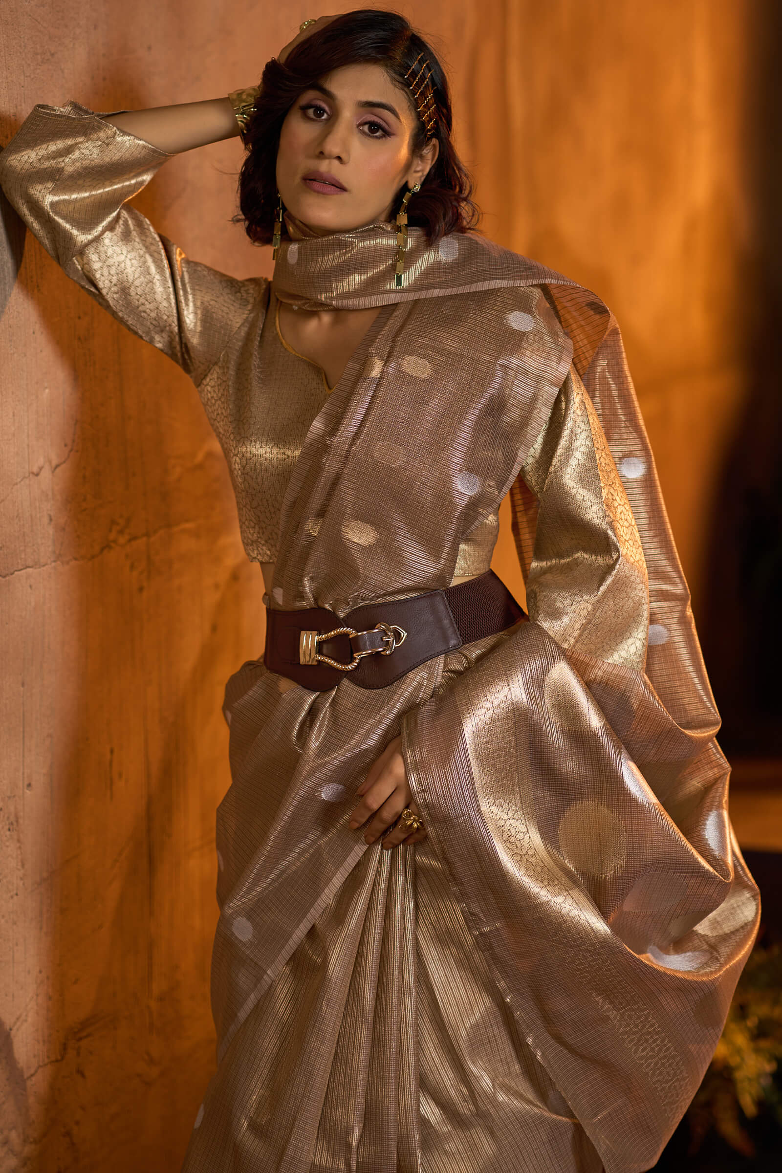 Ebullience Brown Soft Banarasi Tissue Silk Saree With Ravishing Blouse Piece