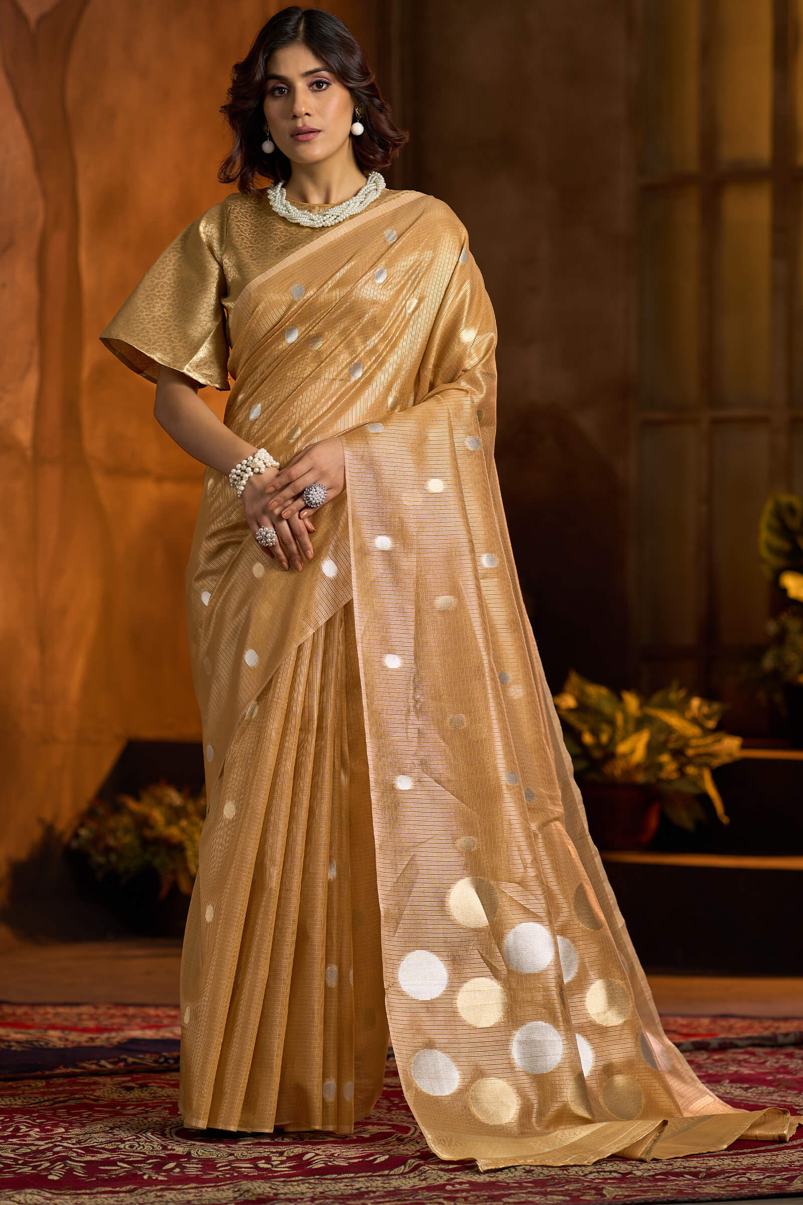 Amiable Golden Soft Banarasi Tissue Silk Saree With Classic Blouse Piece