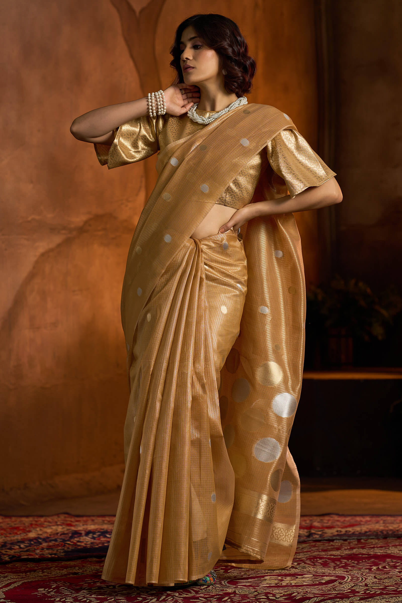 Amiable Golden Soft Banarasi Tissue Silk Saree With Classic Blouse Piece