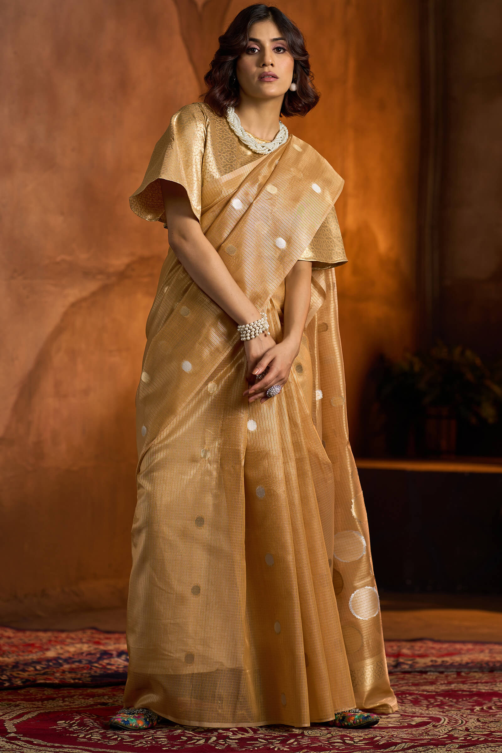 Amiable Golden Soft Banarasi Tissue Silk Saree With Classic Blouse Piece