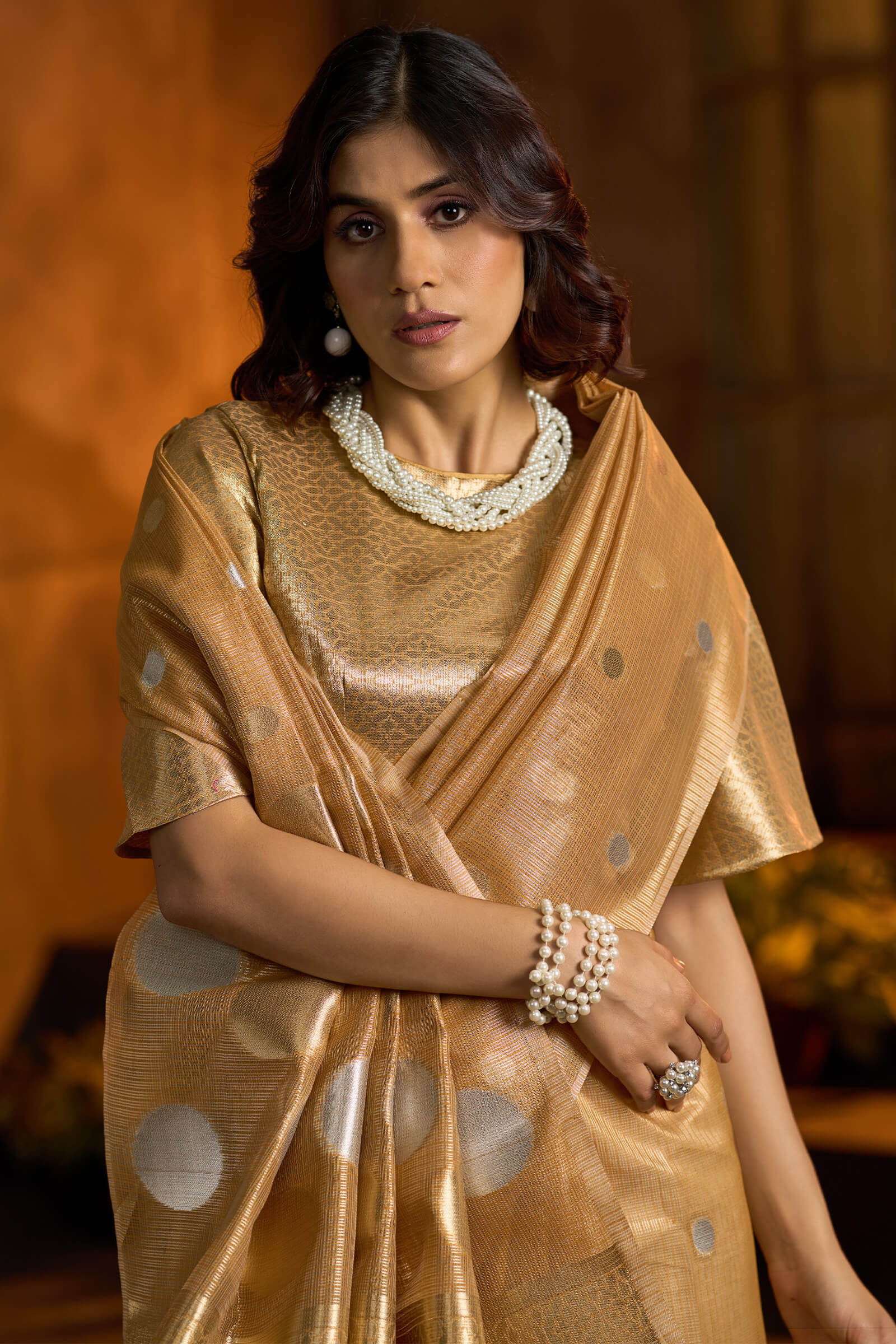 Amiable Golden Soft Banarasi Tissue Silk Saree With Classic Blouse Piece