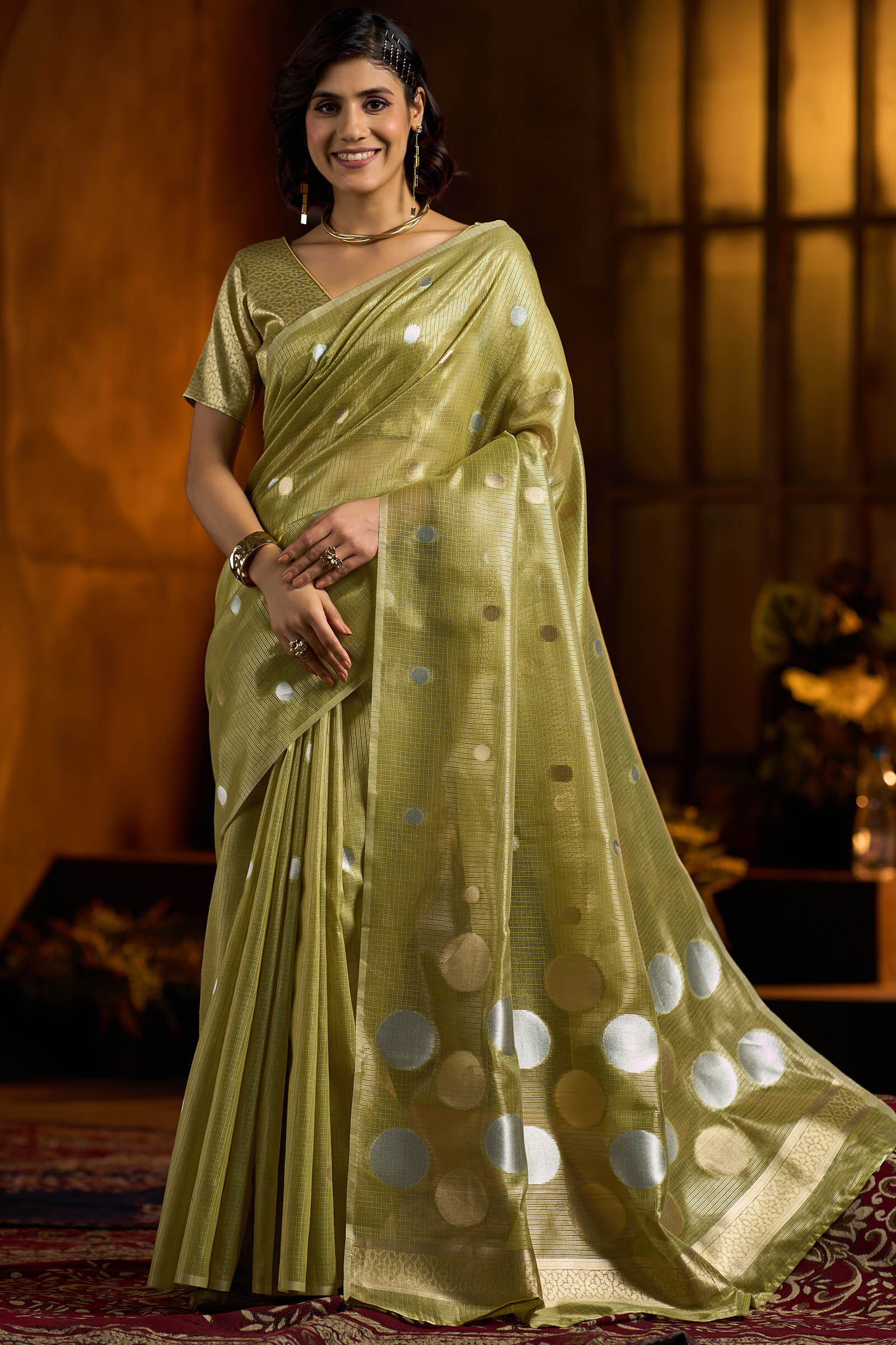 Wonderful Green Soft Banarasi Tissue Silk Saree With Blissful Blouse Piece