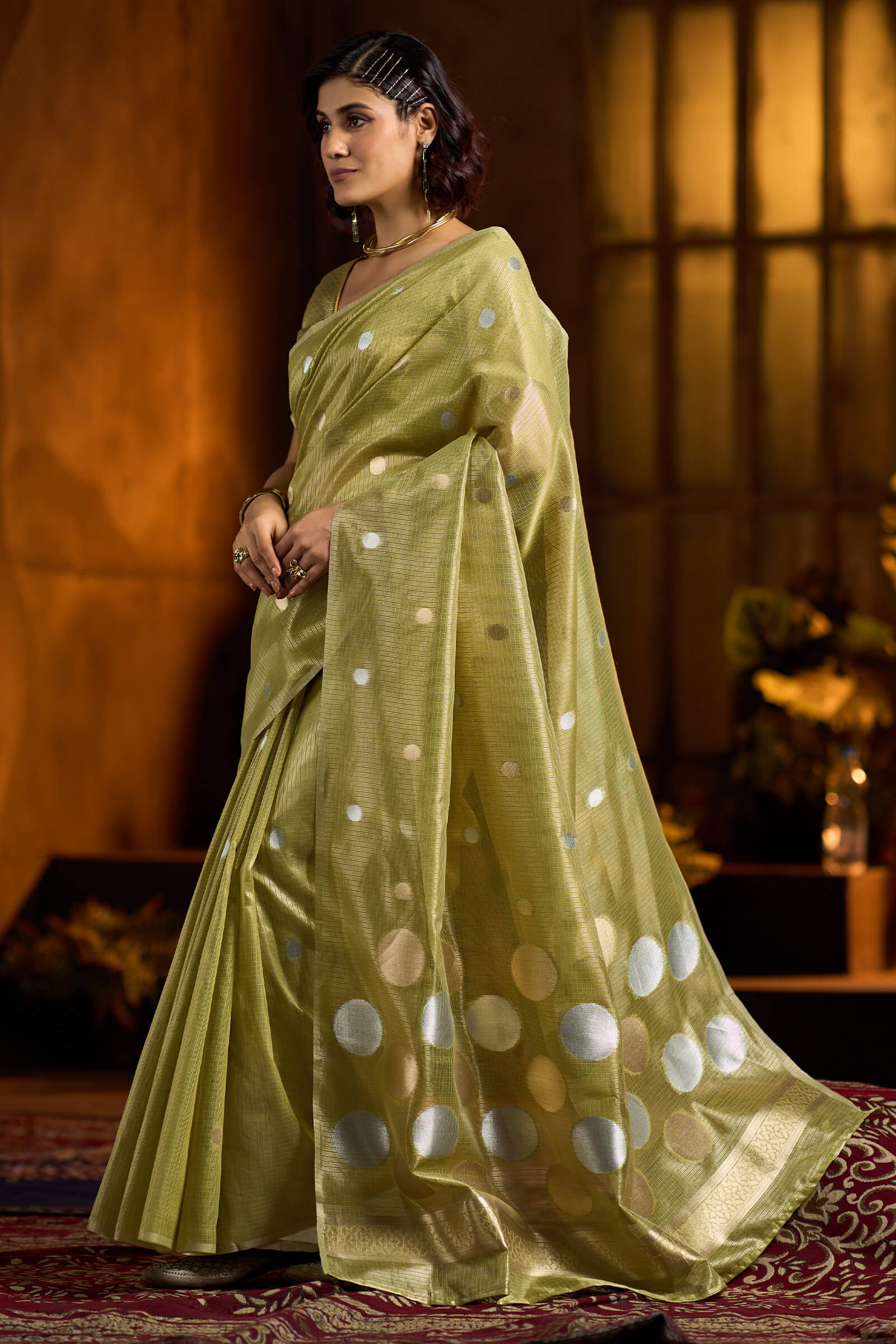 Wonderful Green Soft Banarasi Tissue Silk Saree With Blissful Blouse Piece
