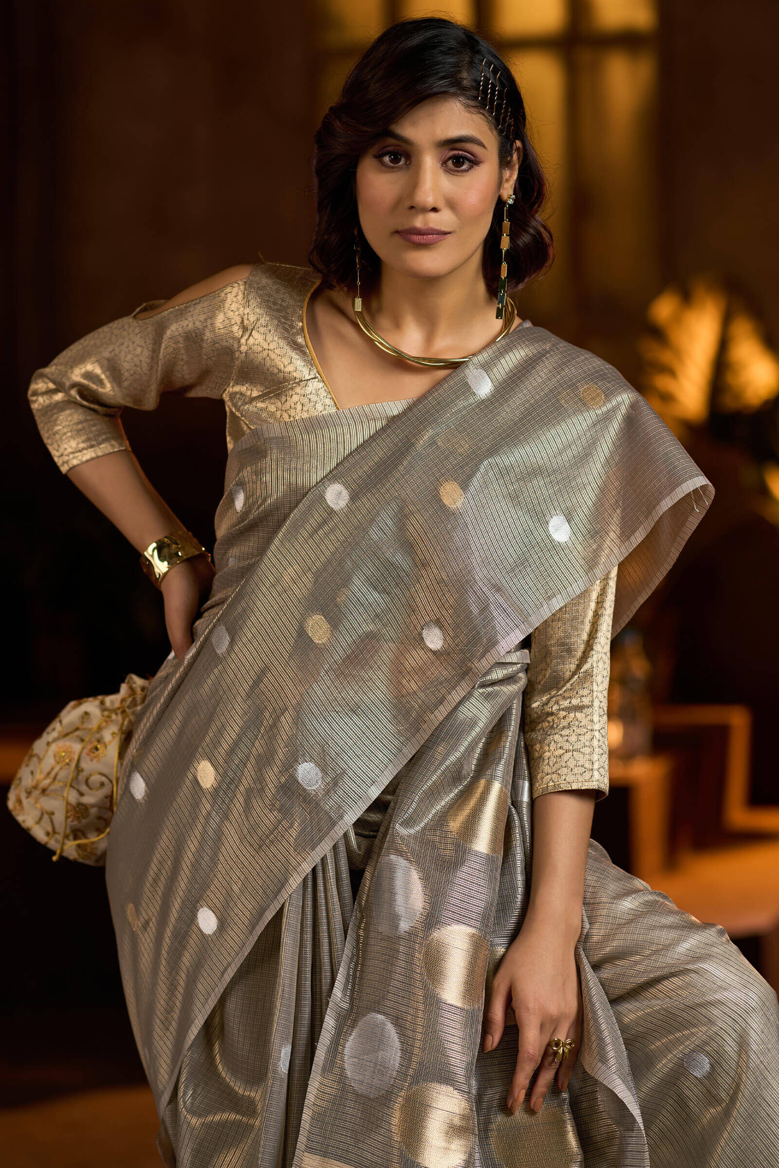 Desirable Grey Soft Banarasi Tissue Silk Saree With Sempiternal Blouse Piece