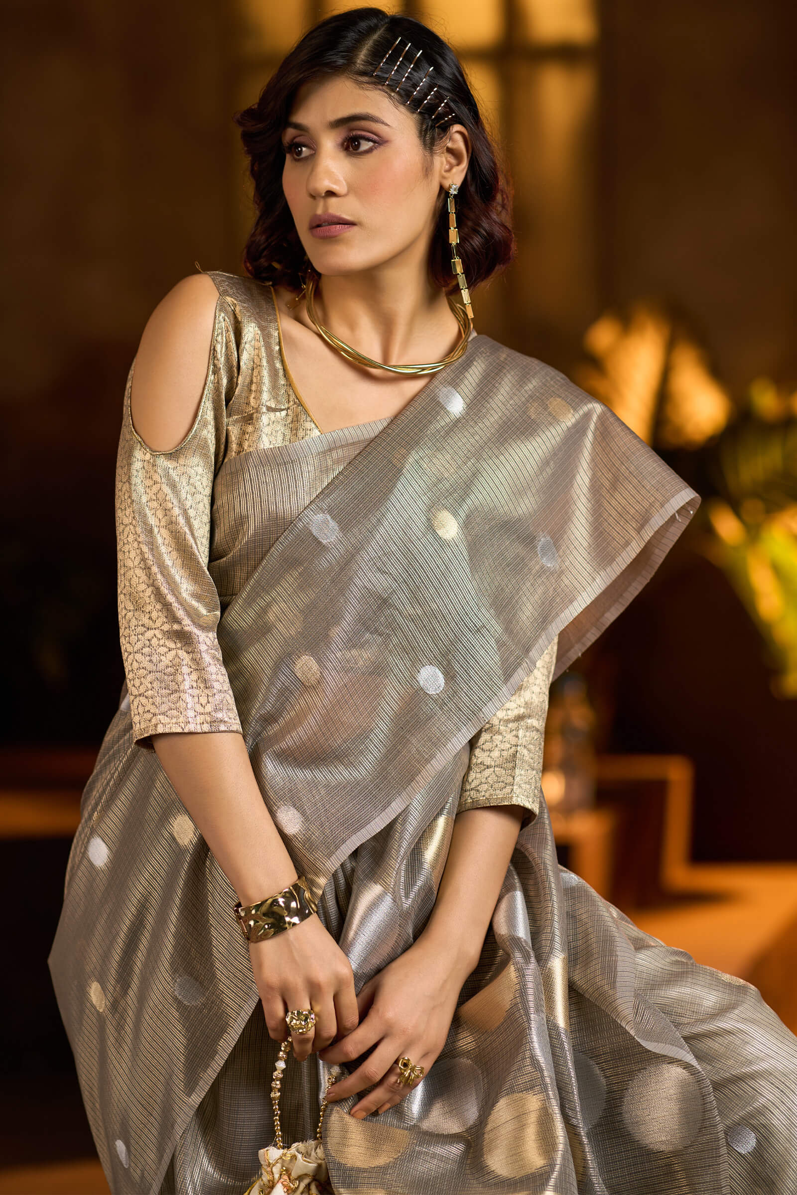 Desirable Grey Soft Banarasi Tissue Silk Saree With Sempiternal Blouse Piece