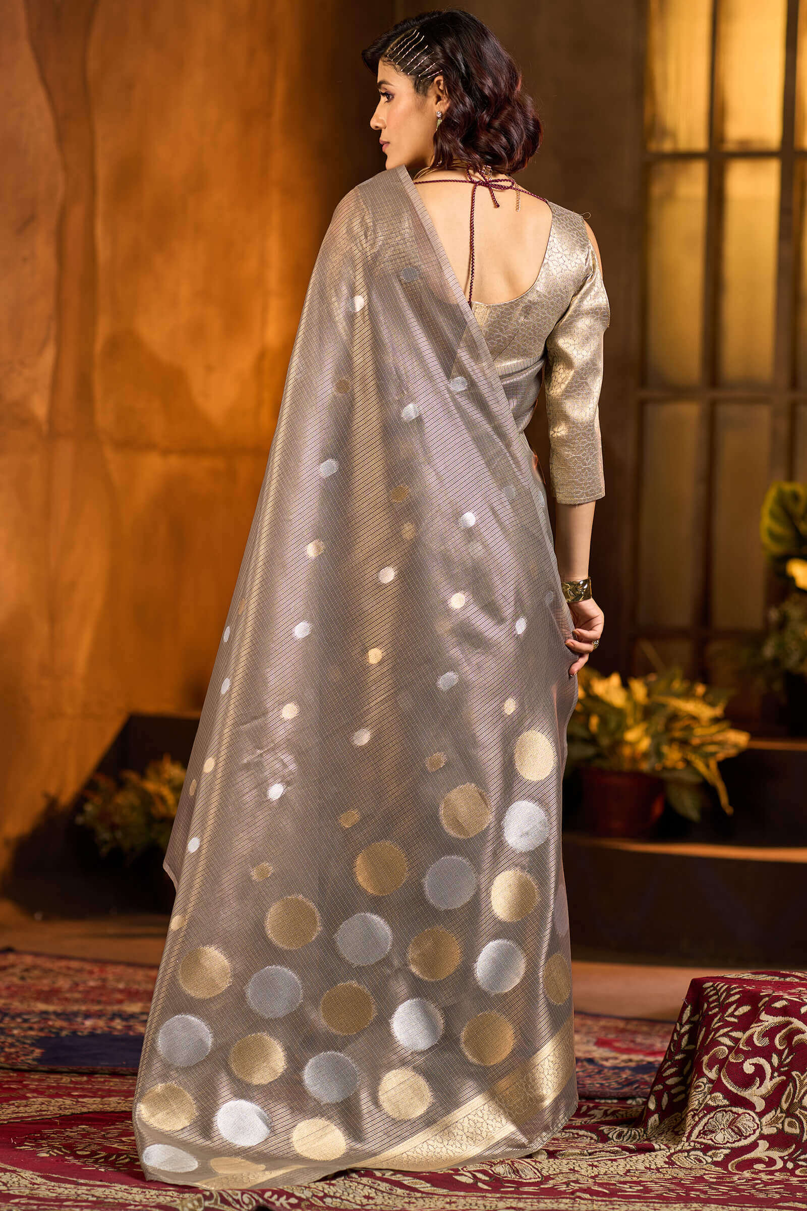 Desirable Grey Soft Banarasi Tissue Silk Saree With Sempiternal Blouse Piece