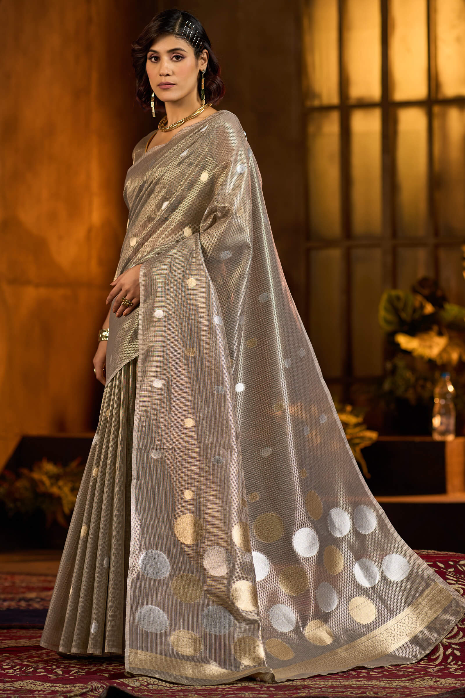 Desirable Grey Soft Banarasi Tissue Silk Saree With Sempiternal Blouse Piece