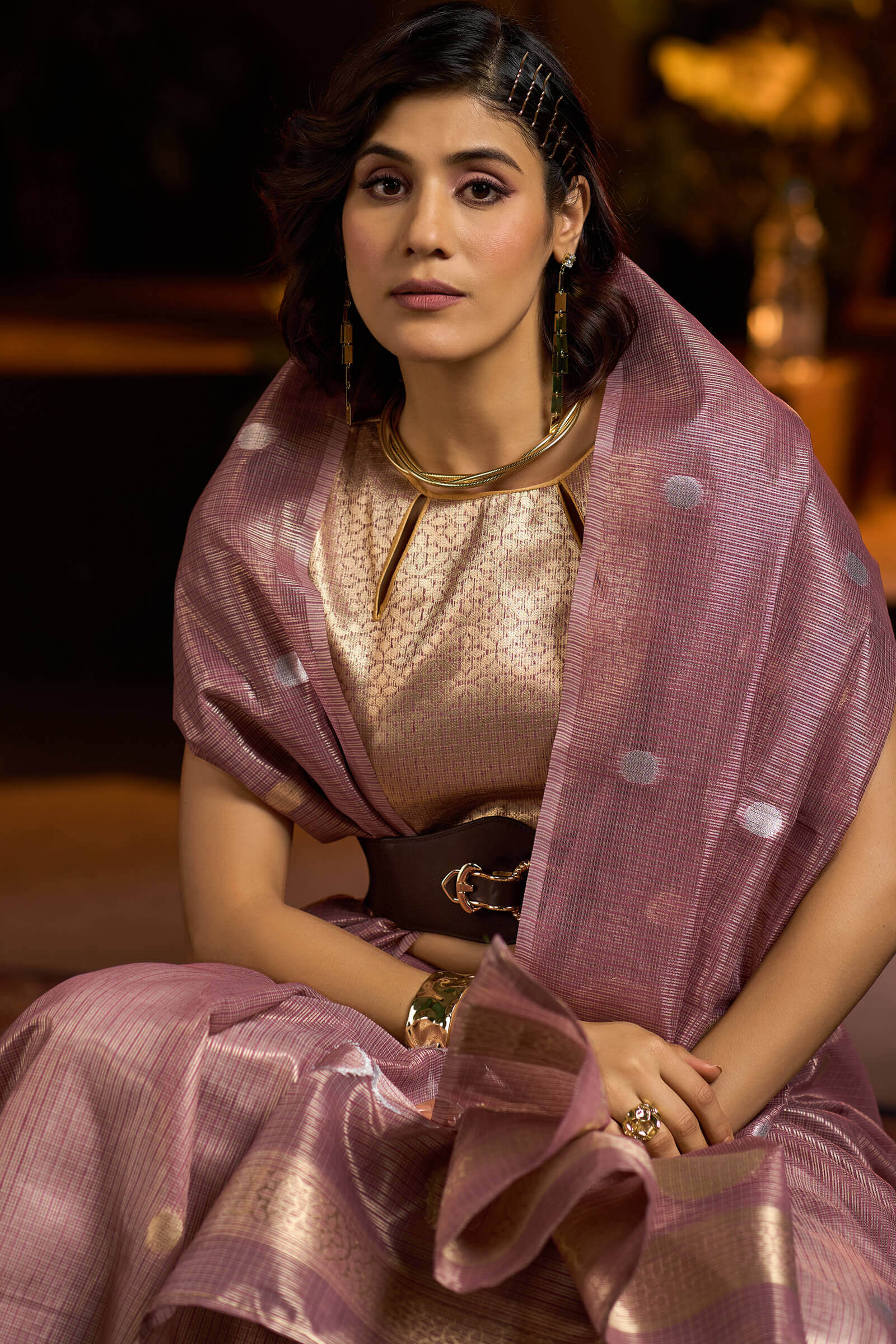 Super extravagant Lavender Soft Banarasi Tissue Silk Saree With Posh Blouse Piece