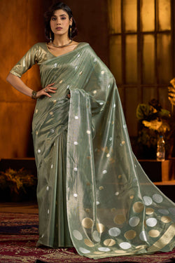 Innovative Sea Green Soft Banarasi Tissue Silk Saree With Majestic Blouse Piece